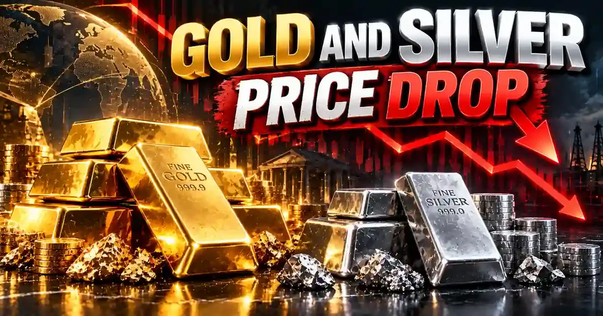 2d flat vector illustration of shining gold and silver bars with a gentle descending trend line showing gold and silver price drop.