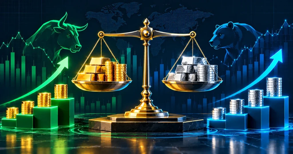 2d flat vector concept of an investor evaluating portfolio diversification and commodity risk balance.