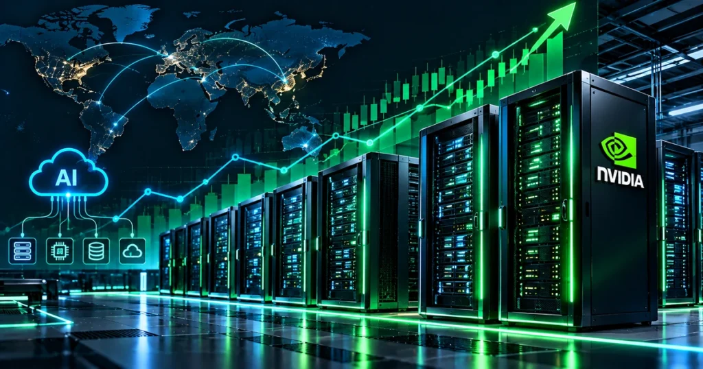2d flat graphic design showing growing server towers and financial data charts illustrating nvidia data center revenue expansion.