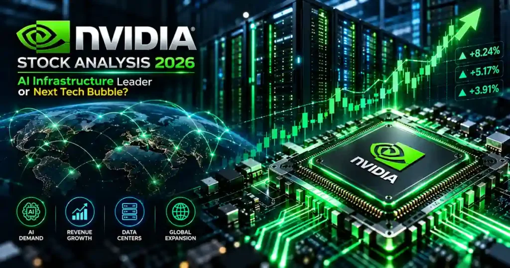 2d flat vector illustration of an advanced glowing semiconductor microchip surrounded by interconnected data nodes representing nvidia stock analysis 2026.