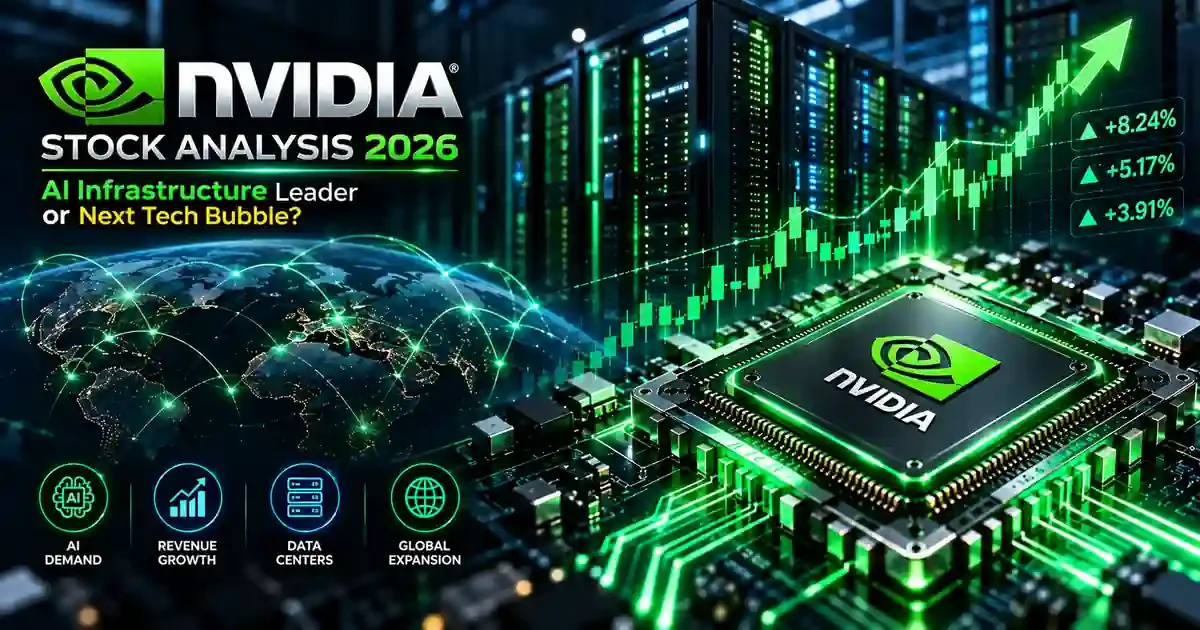 2d flat vector illustration of an advanced glowing semiconductor microchip surrounded by interconnected data nodes representing nvidia stock analysis 2026.