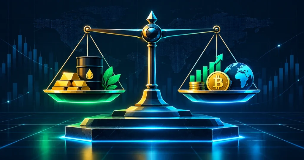 2d flat vector concept of balanced investment scales and multi-asset portfolio diversification for today ftse 100 investors.