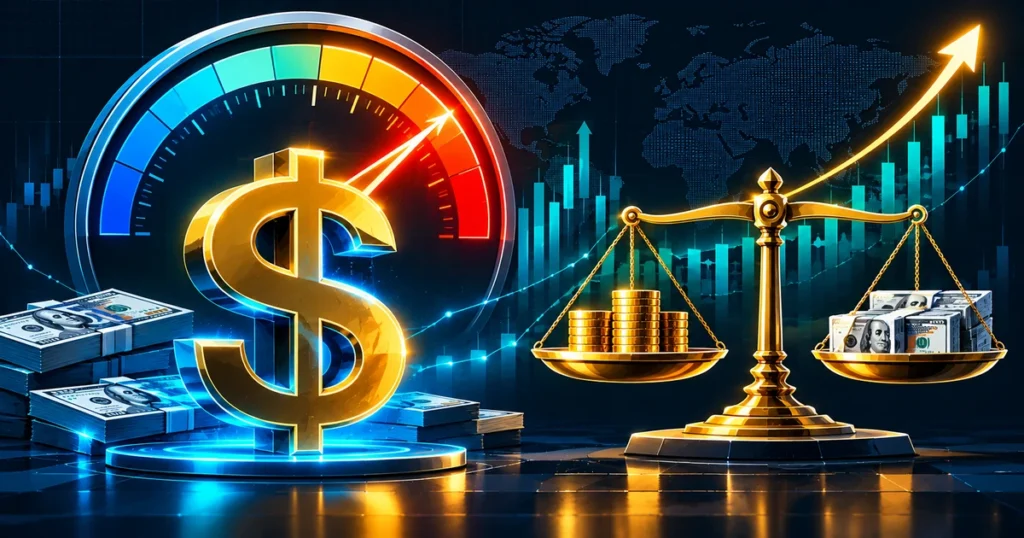 2d flat vector graphic of rising bond yield gauge and a strong us dollar symbol illustrating the gold and silver price drop.
