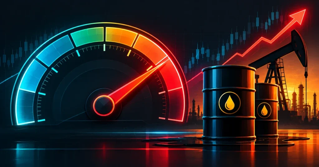 2d flat graphic design showing a rising interest rate gauge and oil barrel illustrating economic pressure on today ftse 100 stocks.