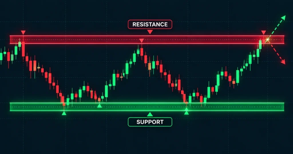 2d flat architectural chart diagram highlighting green buy zones at support and red sell zones at resistance for ethusdt.