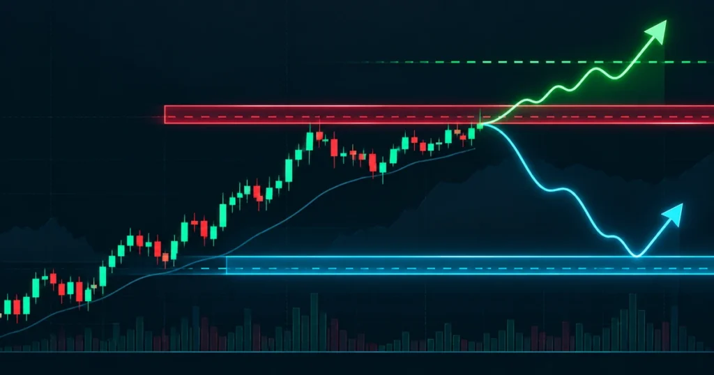 2d flat vector concept of an investor evaluating path arrows for breakout and pullback scenarios on an ethereum chart.
