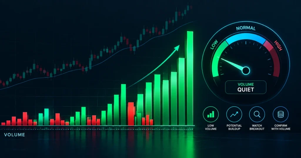 2d flat graphic design showing balanced scales weighing dominant buy volume bars against a low relative volume meter for ethusdt trading.