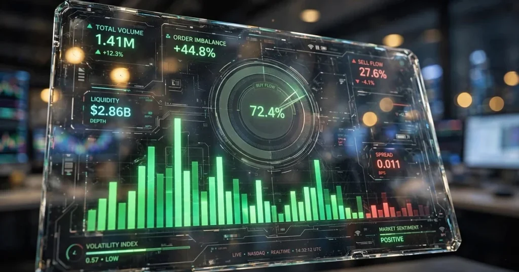 Btcusdt 15-minute analysis: navigating the neutral range at $82,962 Realistic close-up of a digital glass telemetry screen showing crypto order flow imbalance and volume meters for btcusdt analysis.