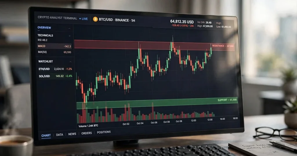 Btcusdt 15-minute analysis: navigating the neutral range at $82,962 Photorealistic view of an institutional trading desk display highlighting horizontal support and resistance boundary lines on a bitcoin chart.