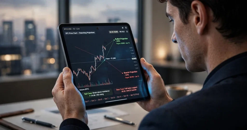 Btcusdt 15-minute analysis: navigating the neutral range at $82,962 Photorealistic image of a professional financial analyst reviewing dual conditional breakout scenarios on an illuminated tablet screen.
